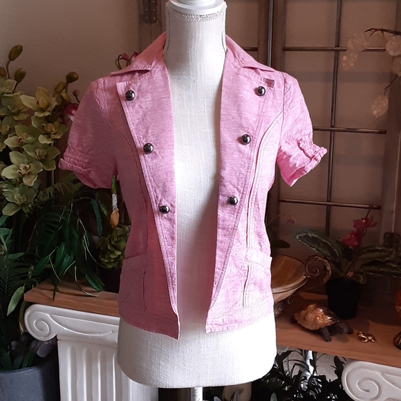 G by GUESS XS Micro Check Elasticized Back Bolero Jkt. LINEN BLEND - Picture 4 of 10